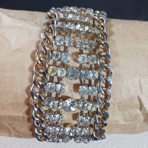 Vintage 50's Silver Tone Clear Rhinestone Wide Bracelet